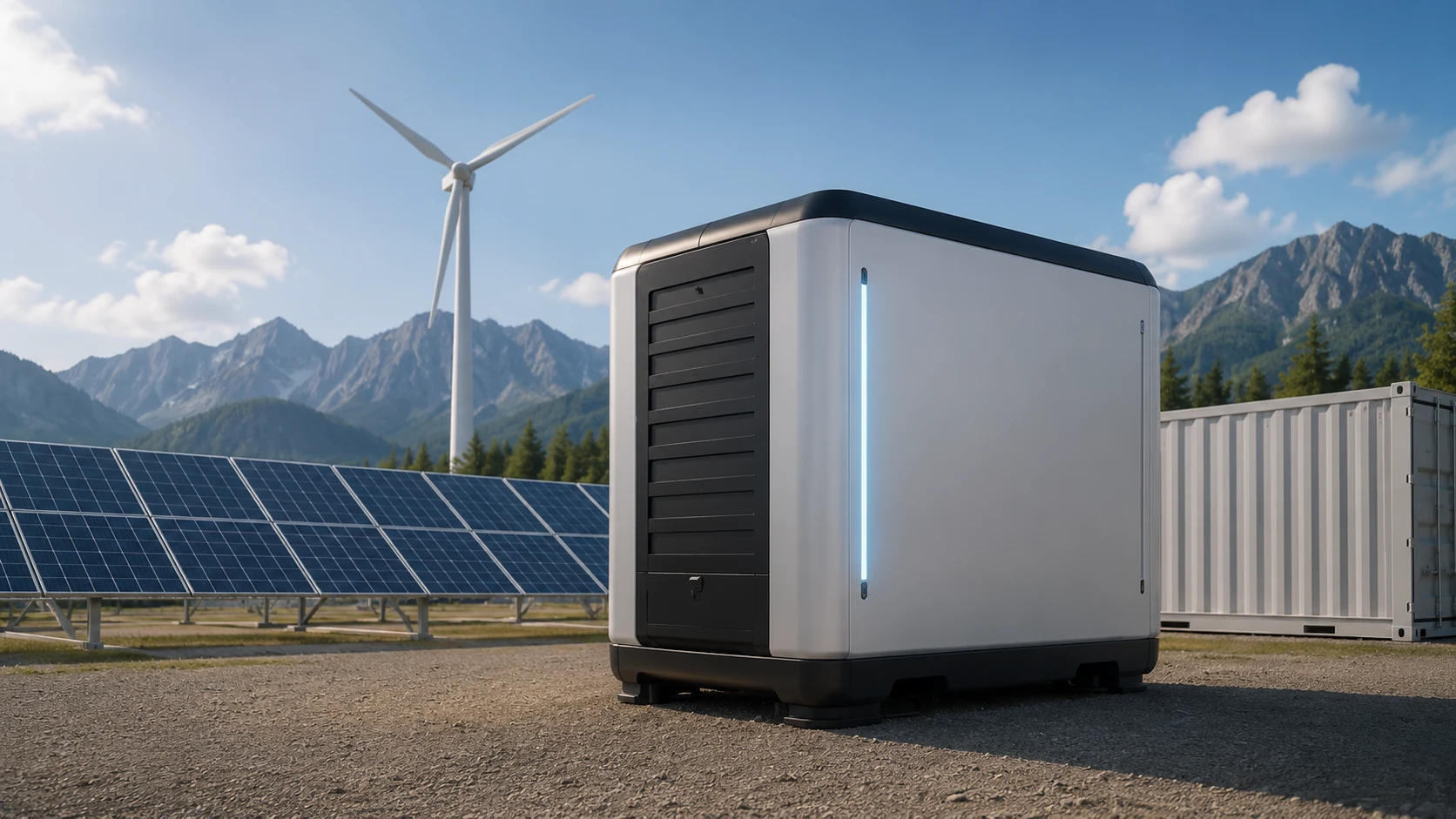Conceptual visualization of an Energy Pod in a solar and wind energy landscape